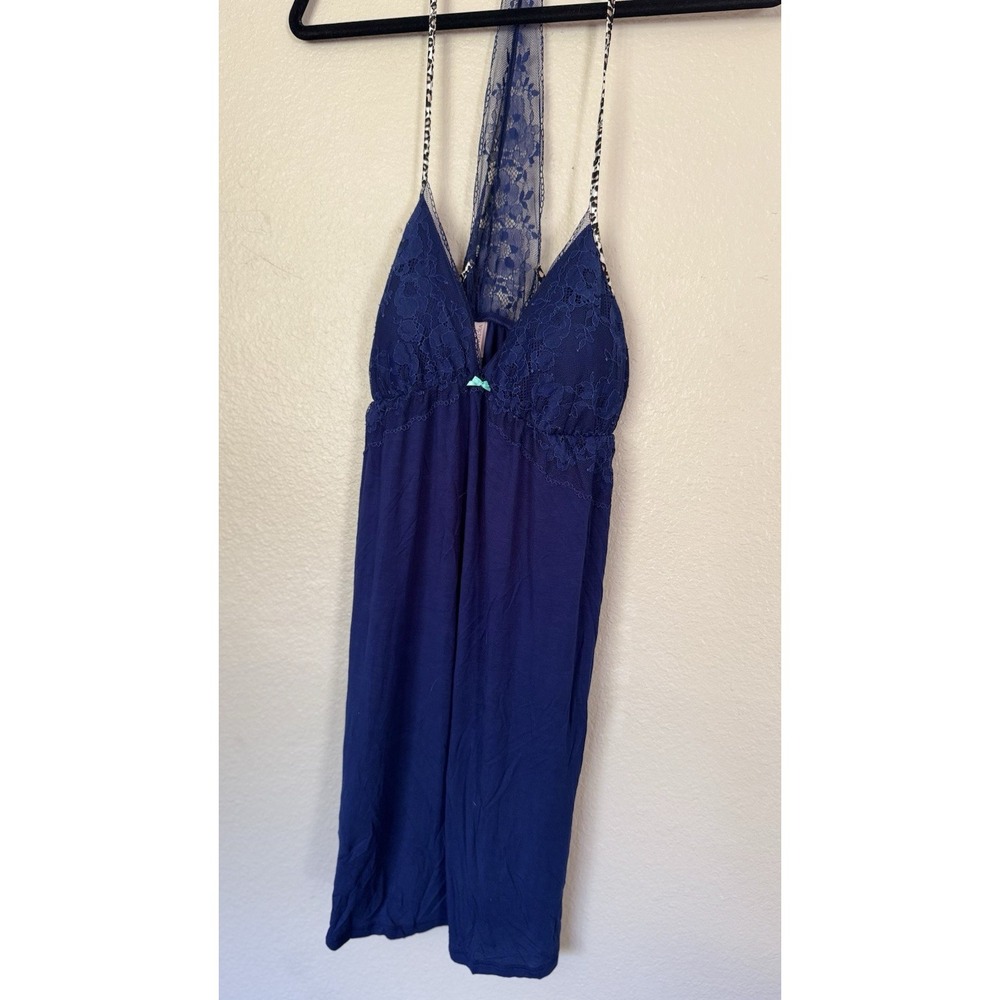 Victoria's Secret Large Navy Blue Lace Slip Nightgown Leopard Trim Modal